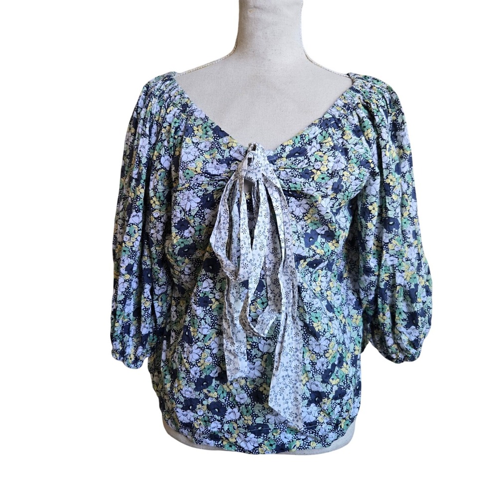 La Vie Rebecca Taylor Sz S Floral Tie-Front Blouse Romantic Babydoll Women's Top